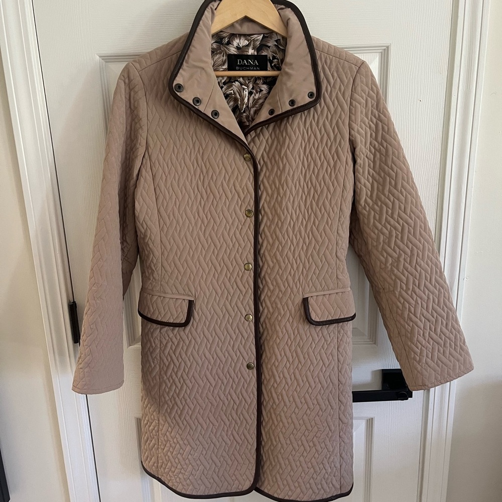 Dana Buchman Quilted Taupe Beige Long Puffer Coat with Dark Trim